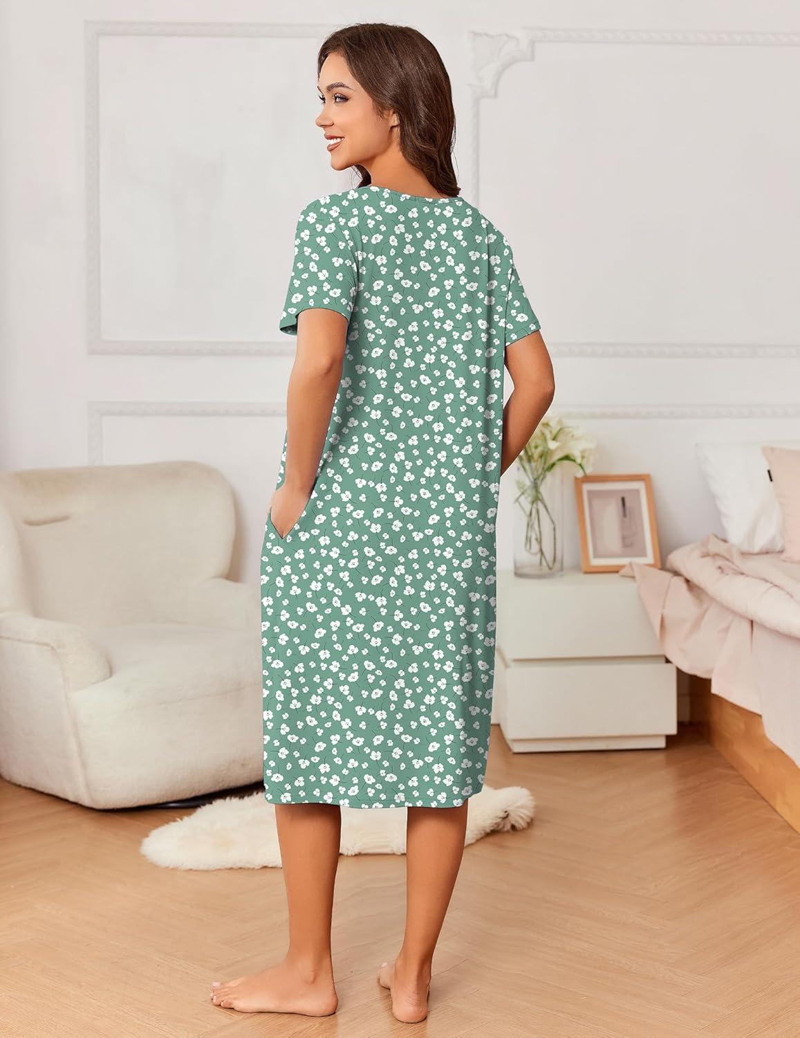 imageEkouaer Nightgowns for Women with Pockets House Dress Pleated Night Gowns Short Sleeve Lounge Dress Floral Mumu Dress S3XLFlower Green