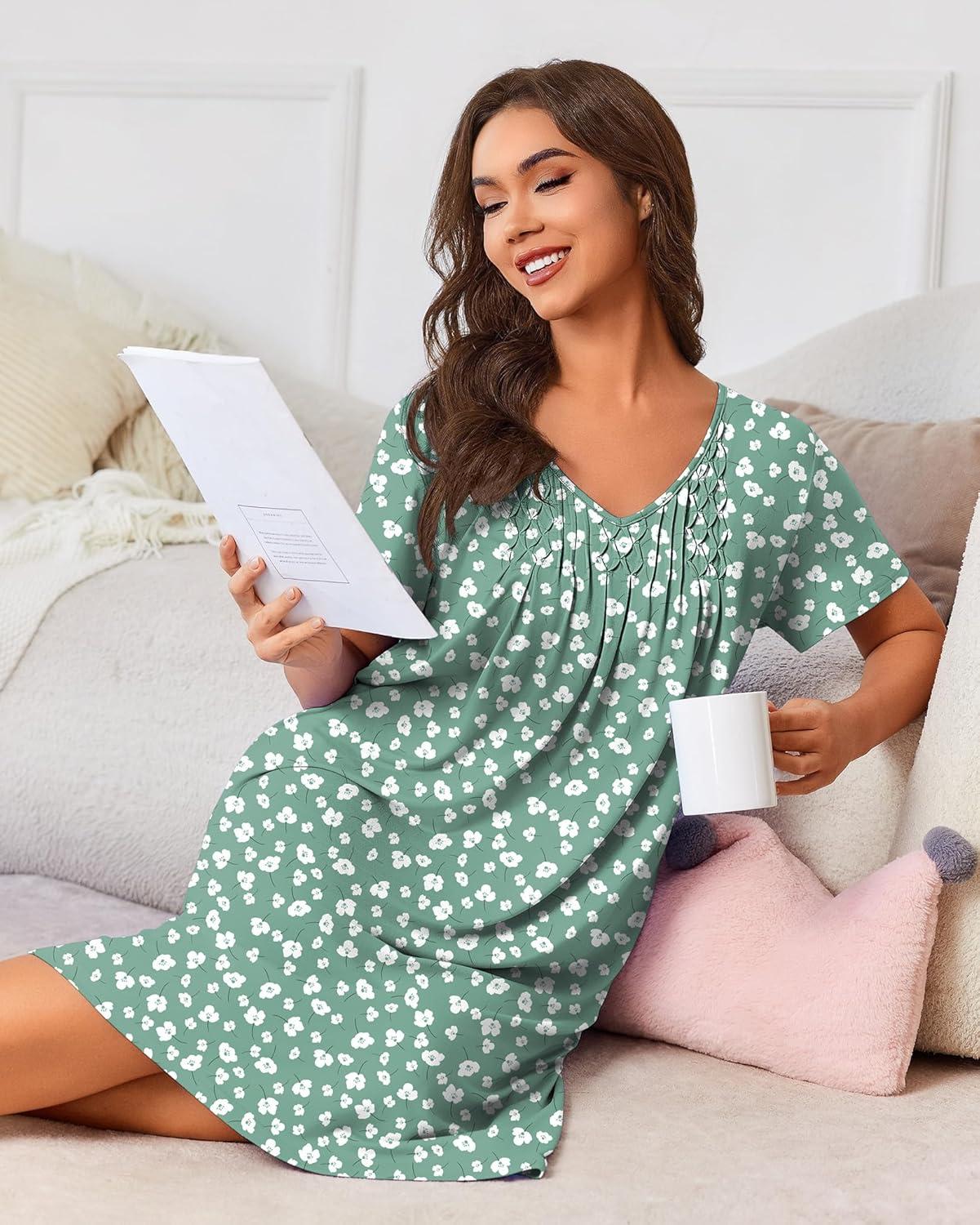 imageEkouaer Nightgowns for Women with Pockets House Dress Pleated Night Gowns Short Sleeve Lounge Dress Floral Mumu Dress S3XLFlower Green