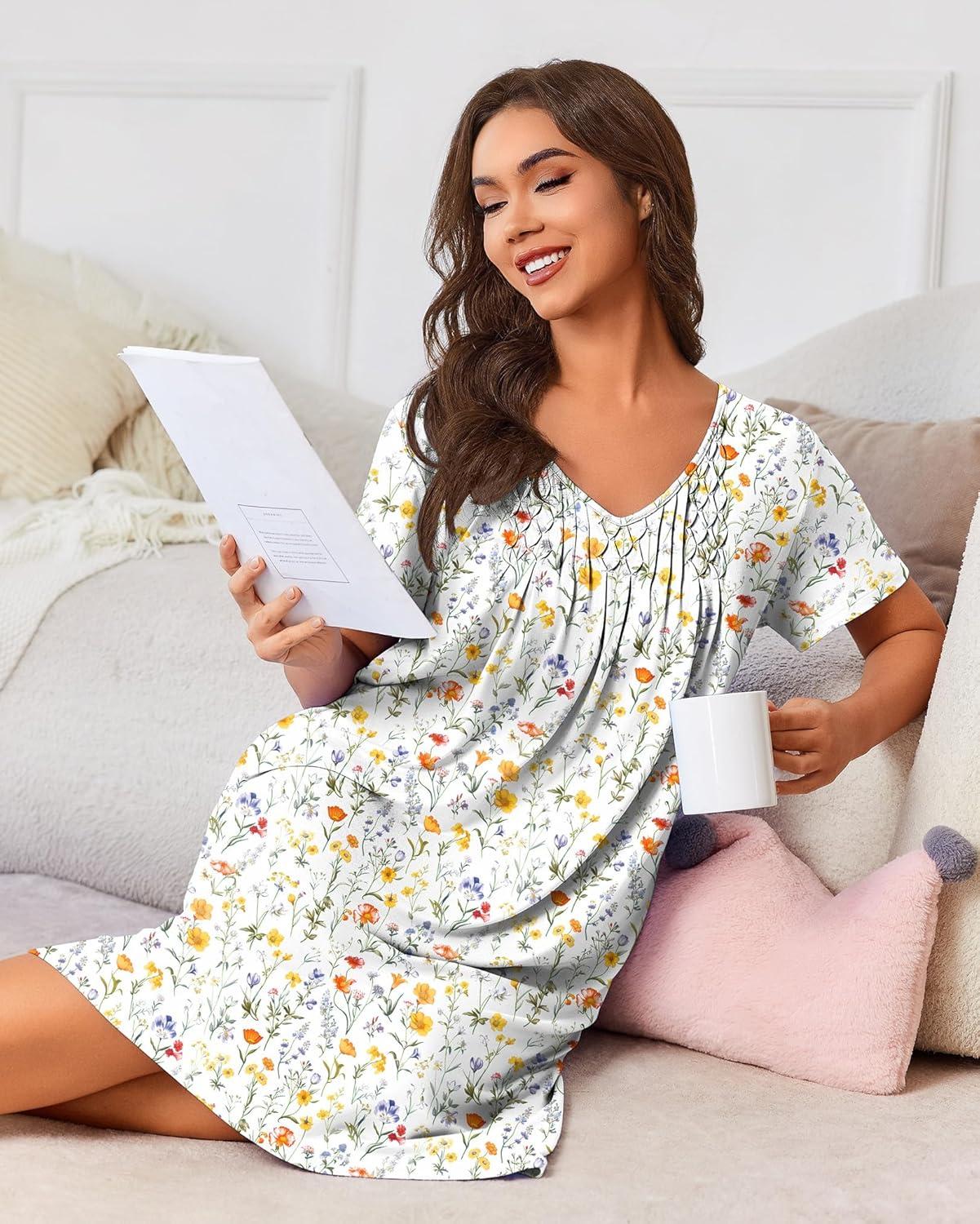 imageEkouaer Nightgowns for Women with Pockets House Dress Pleated Night Gowns Short Sleeve Lounge Dress Floral Mumu Dress S3XLMulticolor