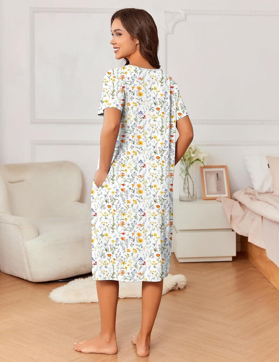 imageEkouaer Nightgowns for Women with Pockets House Dress Pleated Night Gowns Short Sleeve Lounge Dress Floral Mumu Dress S3XLMulticolor