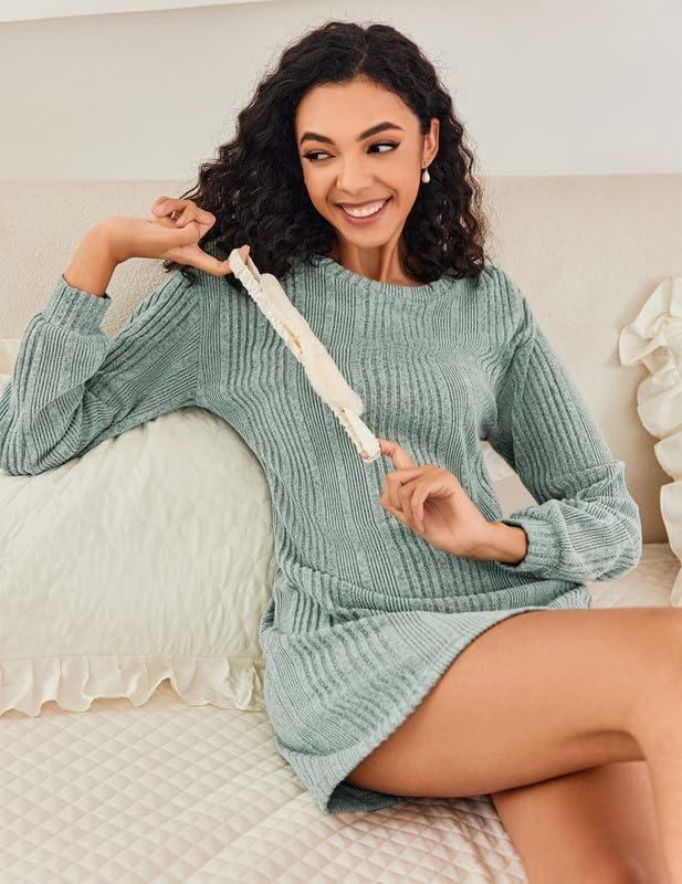 imageEkouaer Womens Nightgown Long Sleeve Ribbed Knit Nightshirt Round Neck Sleep Shirt Soft Sweater Dress SXXLLight Green