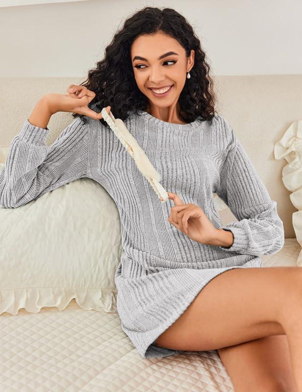 imageEkouaer Womens Nightgown Long Sleeve Ribbed Knit Nightshirt Round Neck Sleep Shirt Soft Sweater Dress SXXLLight Grey