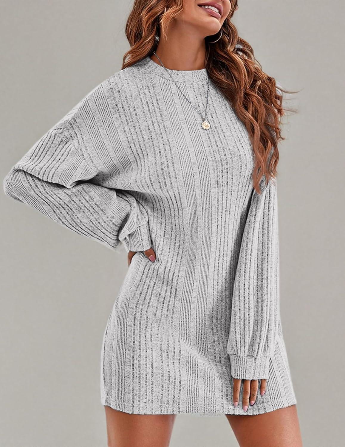 imageEkouaer Womens Nightgown Long Sleeve Ribbed Knit Nightshirt Round Neck Sleep Shirt Soft Sweater Dress SXXLLight Grey