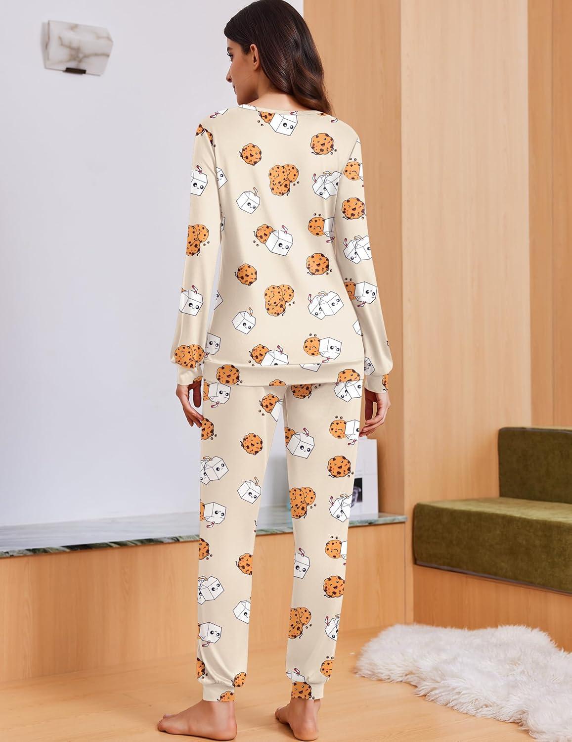 imageEkouaer Womens Pajama Sets Cute Long Sleeve Pjs with Jogger Pants Soft Sleepwear Valentines Pajamas for Women Gifts XSXXLApricotcookie Milk