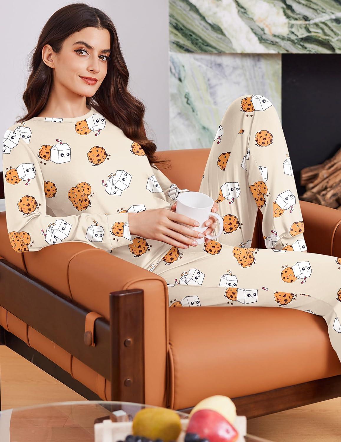 imageEkouaer Womens Pajama Sets Cute Long Sleeve Pjs with Jogger Pants Soft Sleepwear Valentines Pajamas for Women Gifts XSXXLApricotcookie Milk