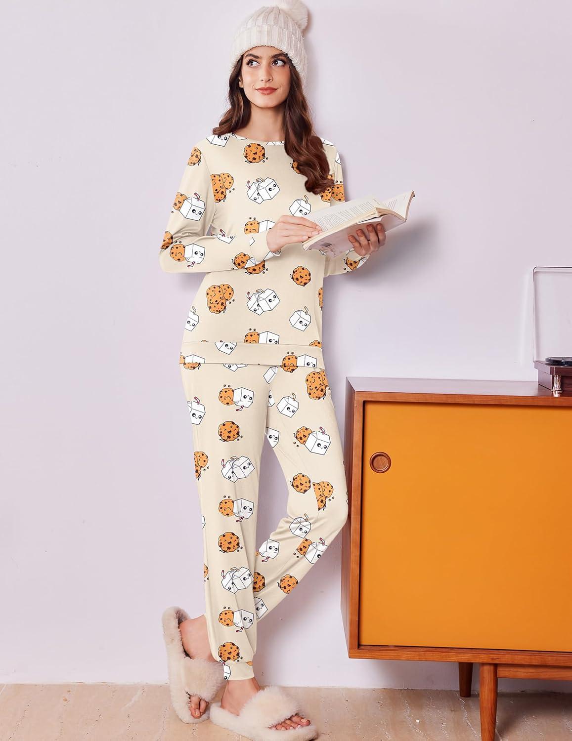 imageEkouaer Womens Pajama Sets Cute Long Sleeve Pjs with Jogger Pants Soft Sleepwear Valentines Pajamas for Women Gifts XSXXLApricotcookie Milk