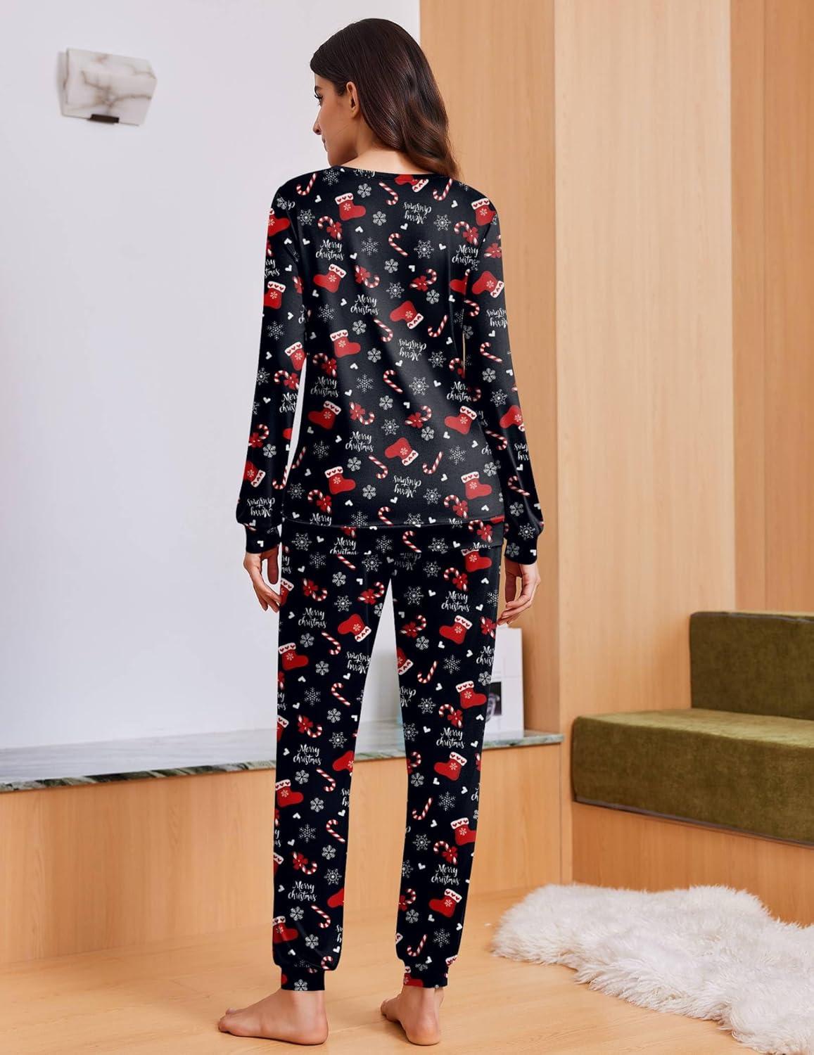 imageEkouaer Womens Pajama Sets Cute Long Sleeve Pjs with Jogger Pants Soft Sleepwear Valentines Pajamas for Women Gifts XSXXLBlackchristmas Print