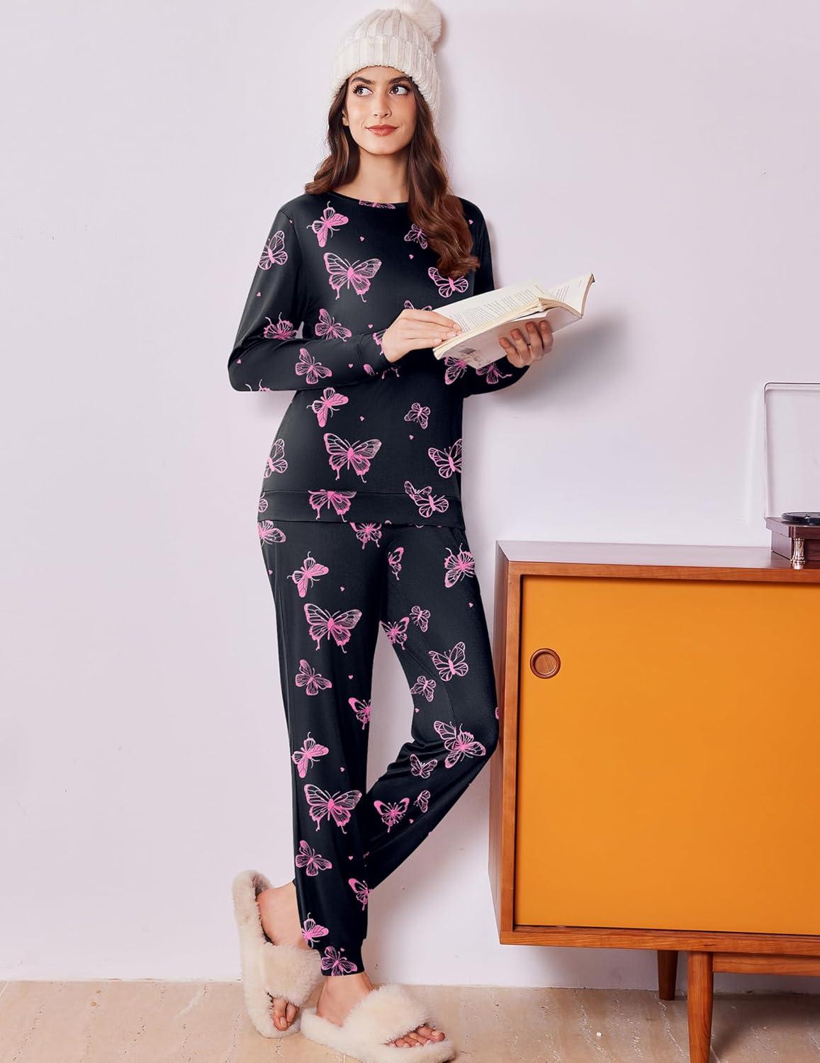 imageEkouaer Womens Pajama Sets Cute Long Sleeve Pjs with Jogger Pants Soft Sleepwear Valentines Pajamas for Women Gifts XSXXLBlackpink Butterfly