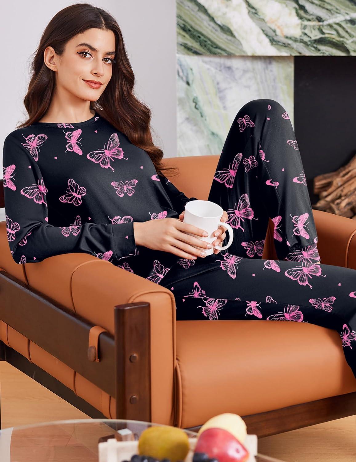imageEkouaer Womens Pajama Sets Cute Long Sleeve Pjs with Jogger Pants Soft Sleepwear Valentines Pajamas for Women Gifts XSXXLBlackpink Butterfly