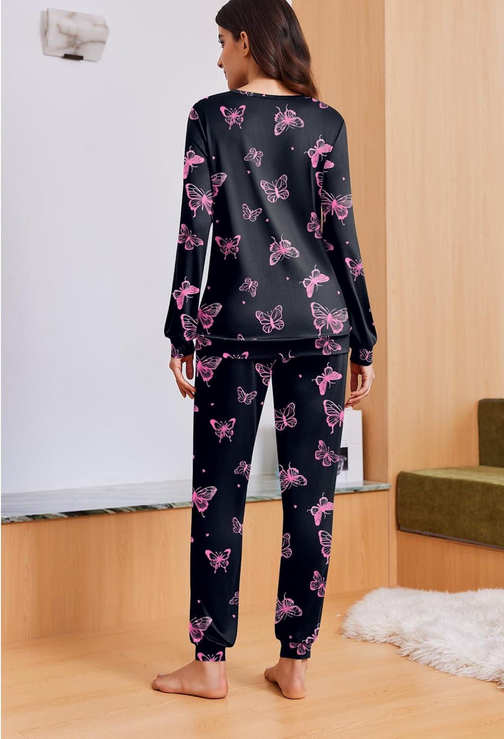 imageEkouaer Womens Pajama Sets Cute Long Sleeve Pjs with Jogger Pants Soft Sleepwear Valentines Pajamas for Women Gifts XSXXLBlackpink Butterfly