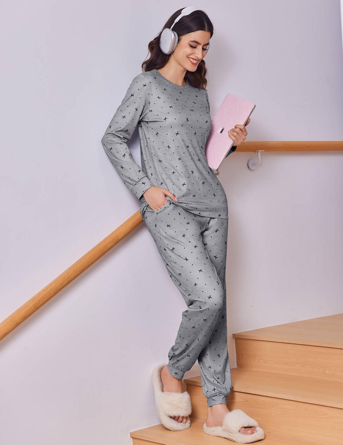 imageEkouaer Womens Pajama Sets Cute Long Sleeve Pjs with Jogger Pants Soft Sleepwear Valentines Pajamas for Women Gifts XSXXLGreybow Heart