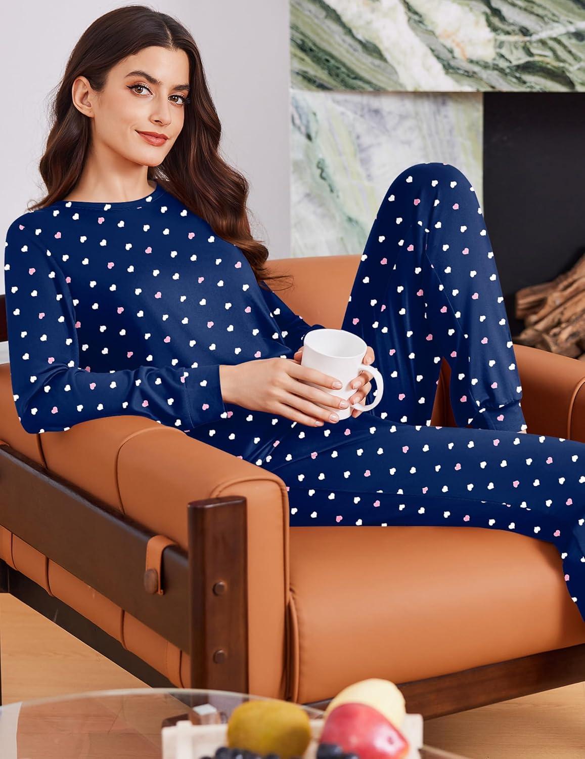 imageEkouaer Womens Pajama Sets Cute Long Sleeve Pjs with Jogger Pants Soft Sleepwear Valentines Pajamas for Women Gifts XSXXLNavy Bluewhite Pink Heart