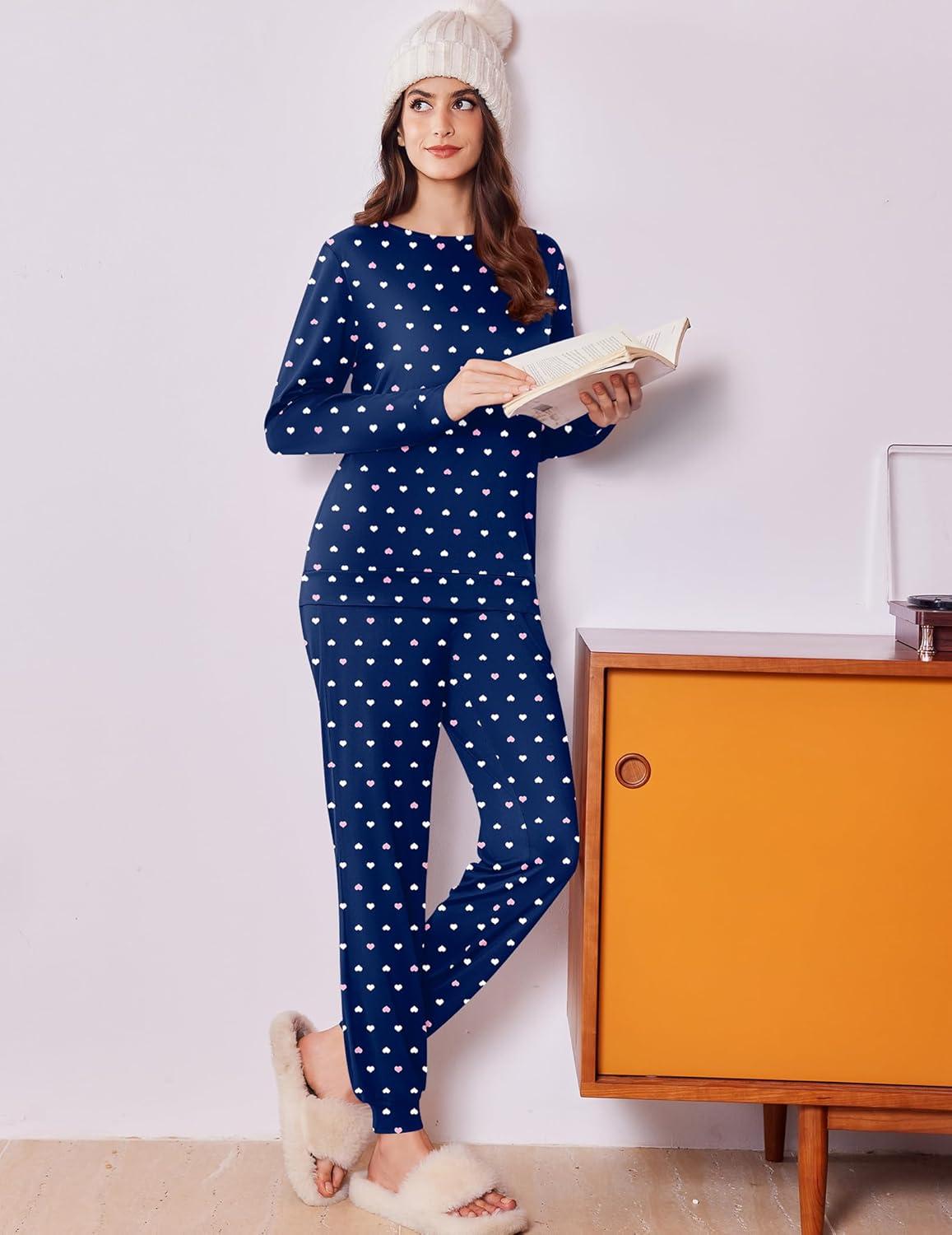 imageEkouaer Womens Pajama Sets Cute Long Sleeve Pjs with Jogger Pants Soft Sleepwear Valentines Pajamas for Women Gifts XSXXLNavy Bluewhite Pink Heart