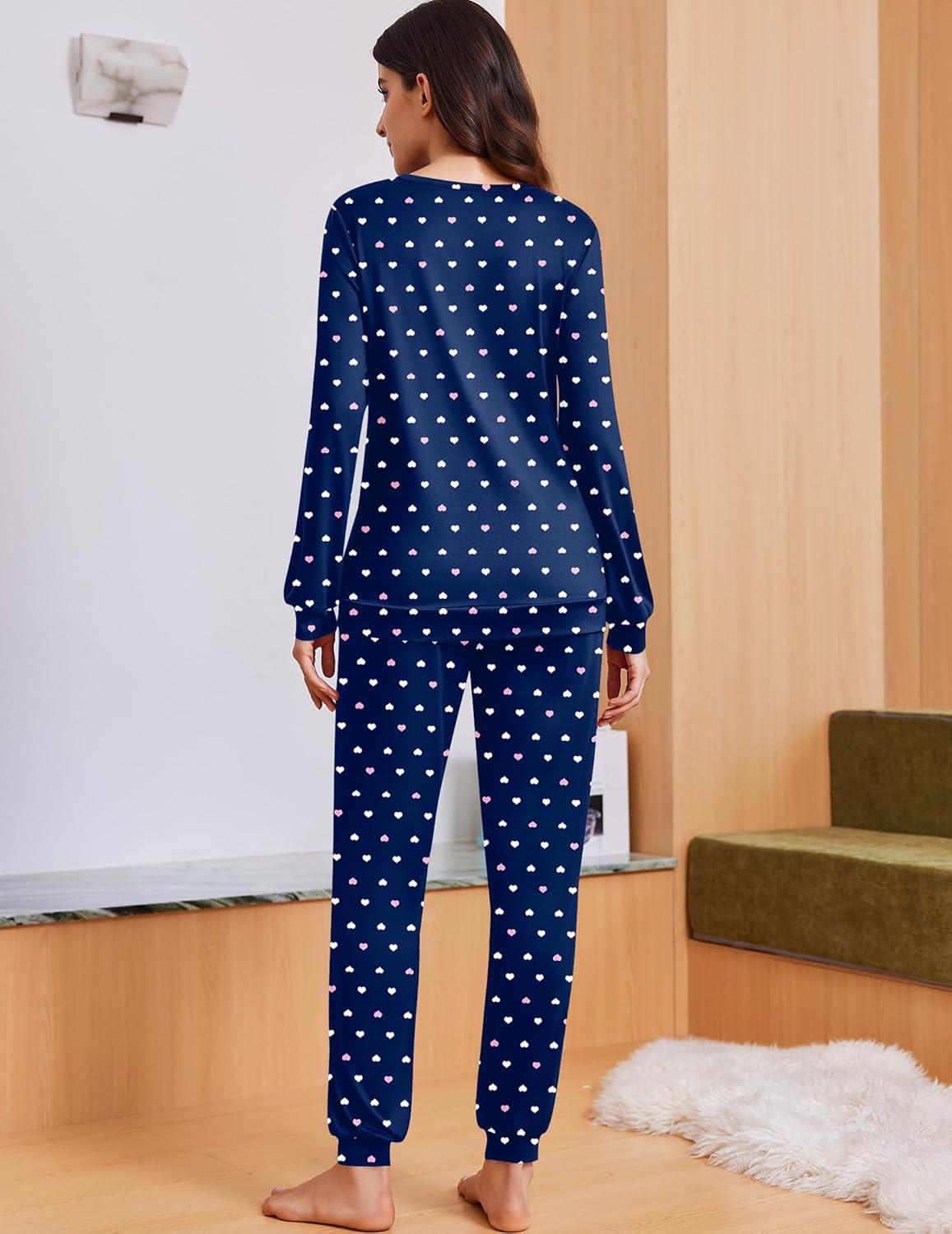imageEkouaer Womens Pajama Sets Cute Long Sleeve Pjs with Jogger Pants Soft Sleepwear Valentines Pajamas for Women Gifts XSXXLNavy Bluewhite Pink Heart