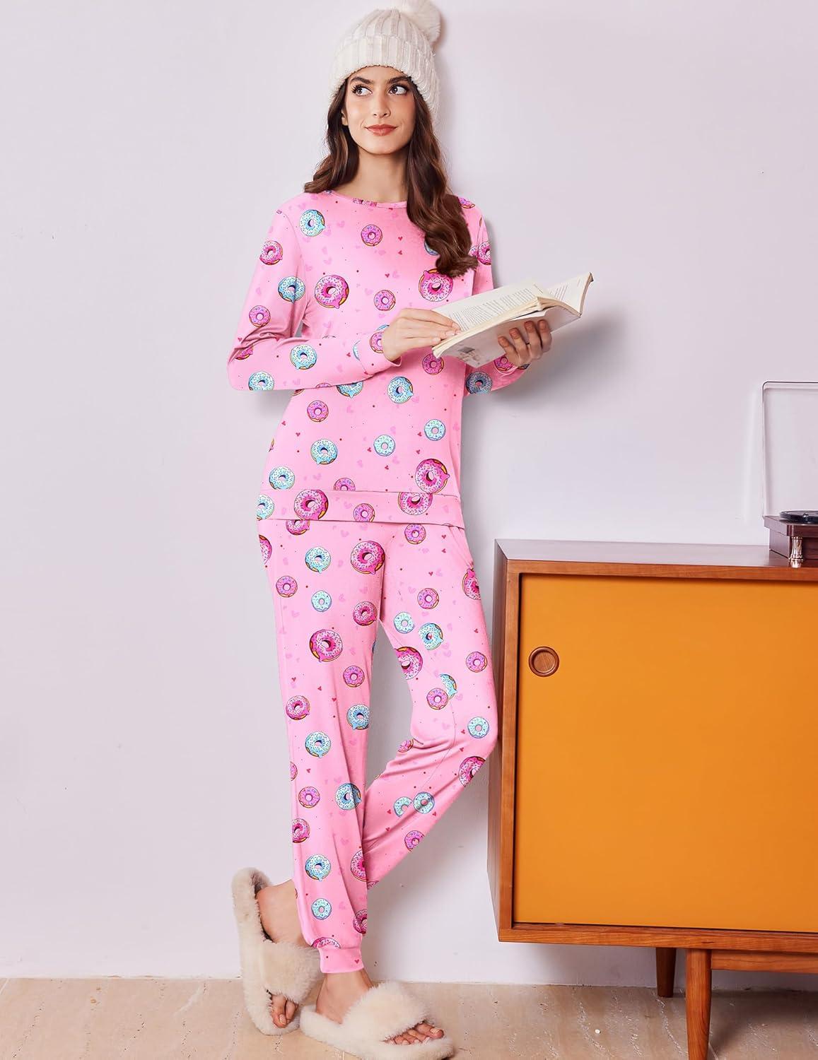 imageEkouaer Womens Pajama Sets Cute Long Sleeve Pjs with Jogger Pants Soft Sleepwear Valentines Pajamas for Women Gifts XSXXLPinkdoughnut