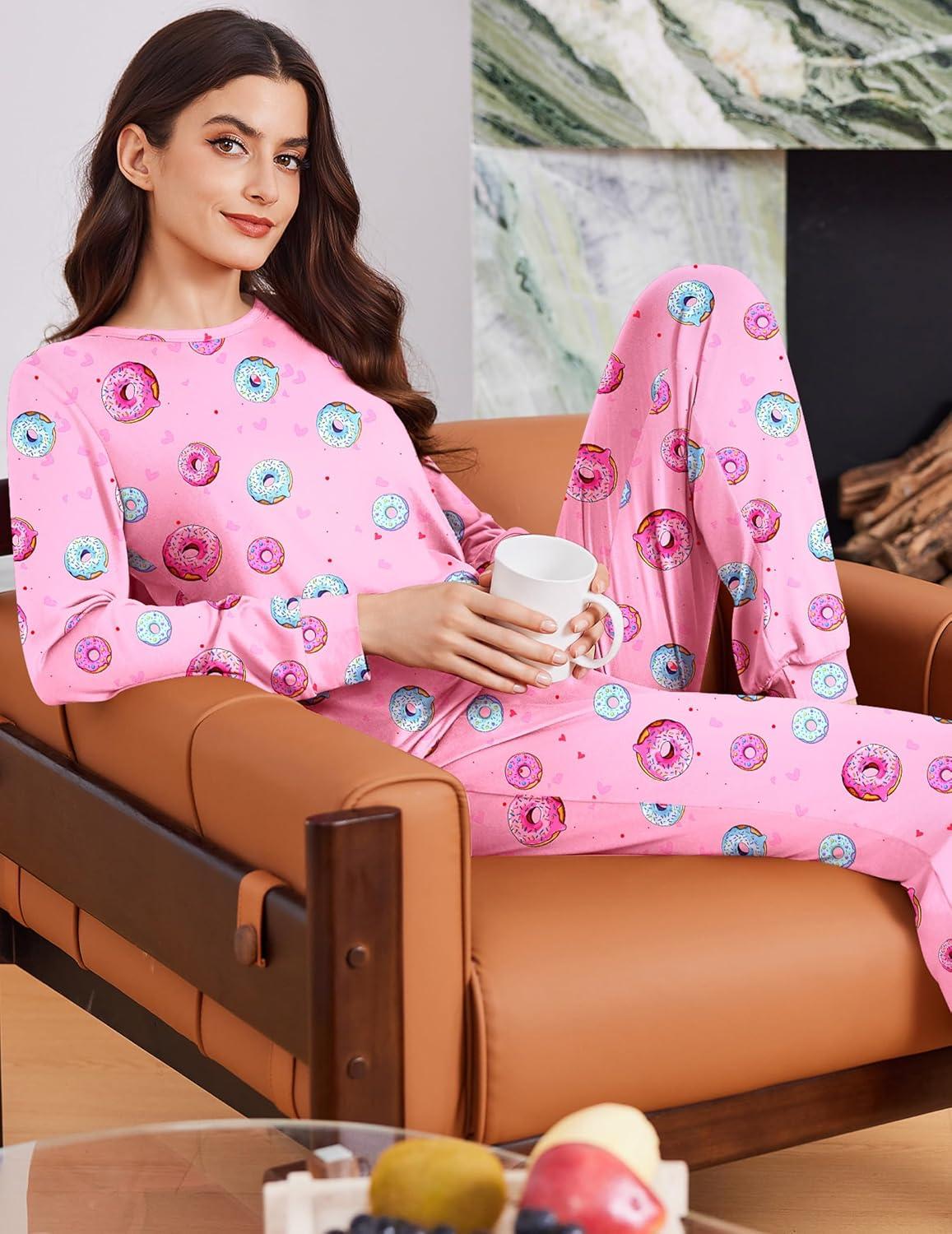 imageEkouaer Womens Pajama Sets Cute Long Sleeve Pjs with Jogger Pants Soft Sleepwear Valentines Pajamas for Women Gifts XSXXLPinkdoughnut