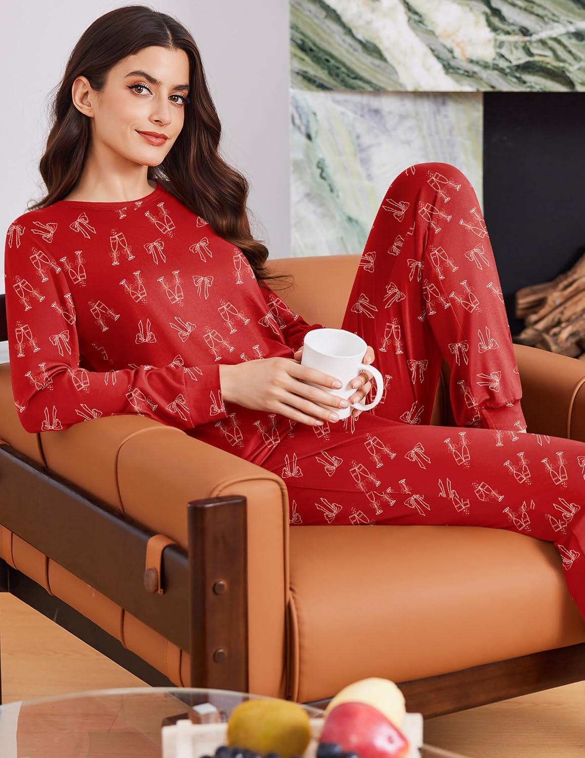 imageEkouaer Womens Pajama Sets Cute Long Sleeve Pjs with Jogger Pants Soft Sleepwear Valentines Pajamas for Women Gifts XSXXLRedbow Goblet