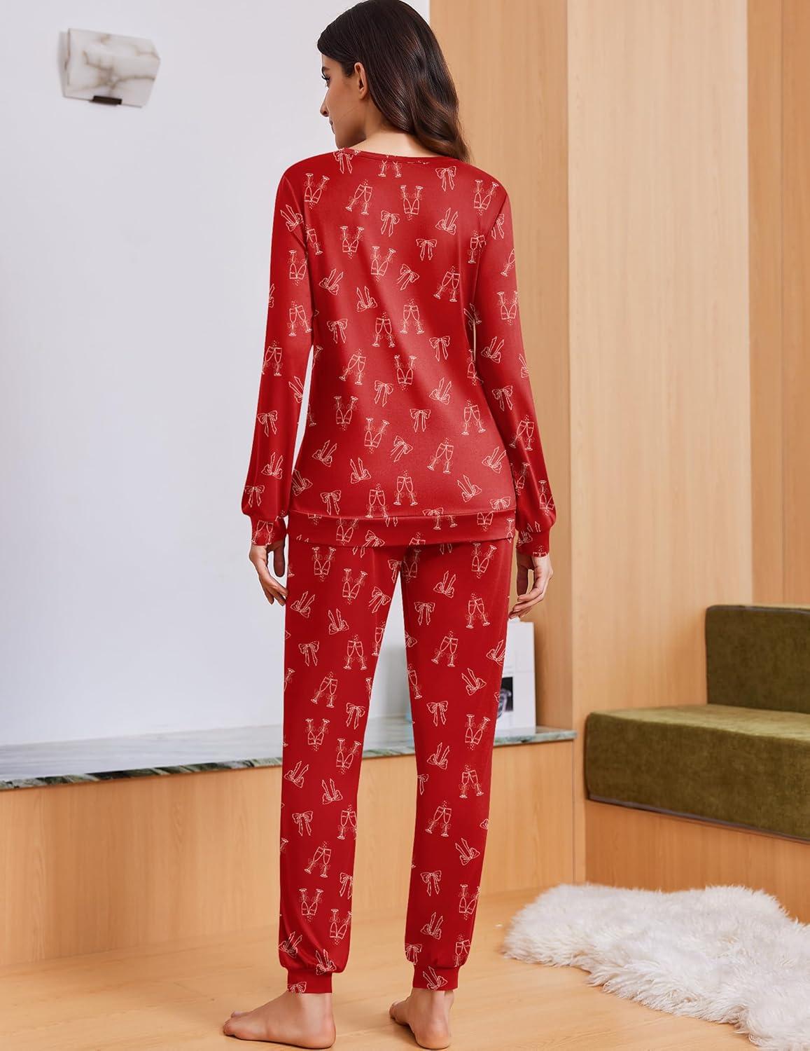 imageEkouaer Womens Pajama Sets Cute Long Sleeve Pjs with Jogger Pants Soft Sleepwear Valentines Pajamas for Women Gifts XSXXLRedbow Goblet