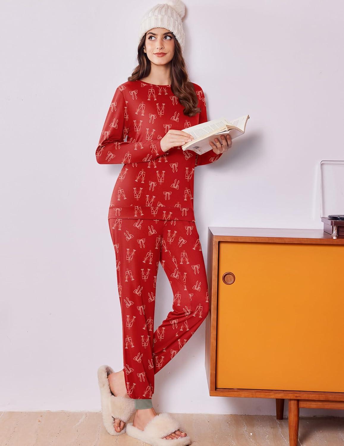 imageEkouaer Womens Pajama Sets Cute Long Sleeve Pjs with Jogger Pants Soft Sleepwear Valentines Pajamas for Women Gifts XSXXLRedbow Goblet