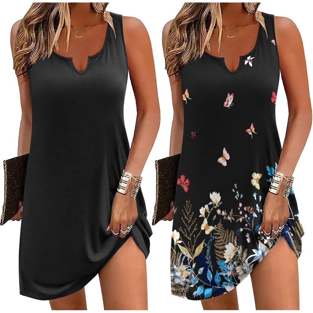 imageEkouaer Nightgowns for Women 2 Pack Tank Night Gown Sleeveless Sleep Shirt V Neck Chemise Soft Night Shirt Ladies Sleep DressBlackButterfly