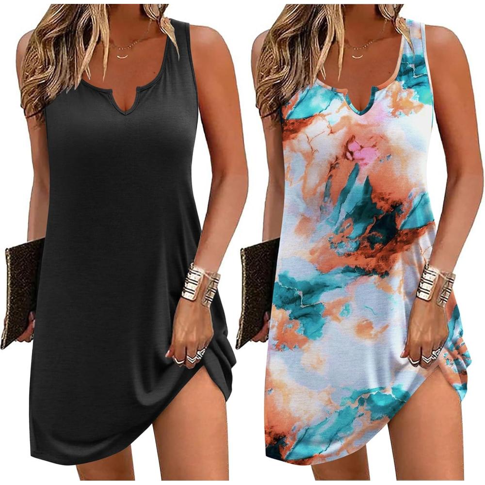 imageEkouaer Nightgowns for Women 2 Pack Tank Night Gown Sleeveless Sleep Shirt V Neck Chemise Soft Night Shirt Ladies Sleep DressBlackGreen Tie Dye