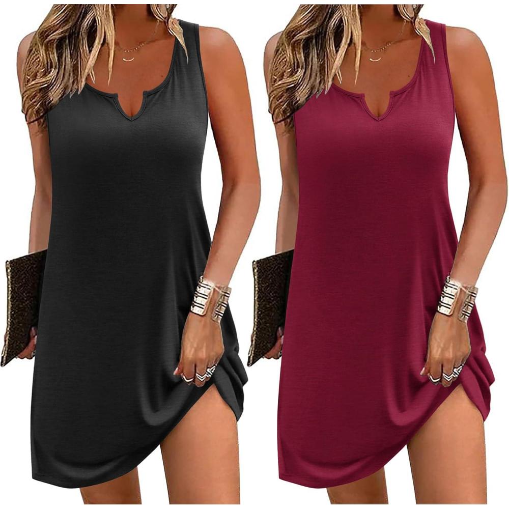 imageEkouaer Nightgowns for Women 2 Pack Tank Night Gown Sleeveless Sleep Shirt V Neck Chemise Soft Night Shirt Ladies Sleep DressBlackWine Red