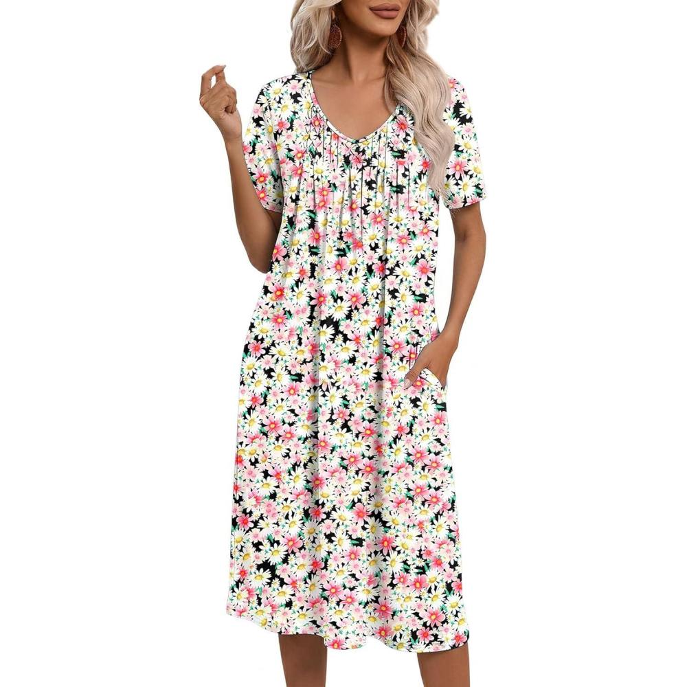 imageEkouaer Nightgowns for Women with Pockets House Dress Pleated Night Gowns Short Sleeve Lounge Dress Floral Mumu Dress S3XLDaisy Pink