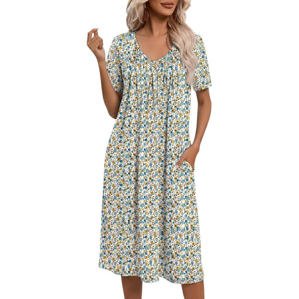 imageEkouaer Nightgowns for Women with Pockets House Dress Pleated Night Gowns Short Sleeve Lounge Dress Floral Mumu Dress S3XLDense Floral Apricot