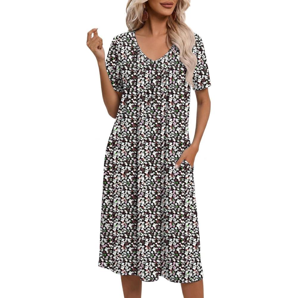 imageEkouaer Nightgowns for Women with Pockets House Dress Pleated Night Gowns Short Sleeve Lounge Dress Floral Mumu Dress S3XLDense Floral Black