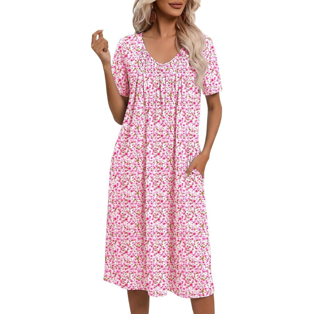 imageEkouaer Nightgowns for Women with Pockets House Dress Pleated Night Gowns Short Sleeve Lounge Dress Floral Mumu Dress S3XLDense Floral Pink