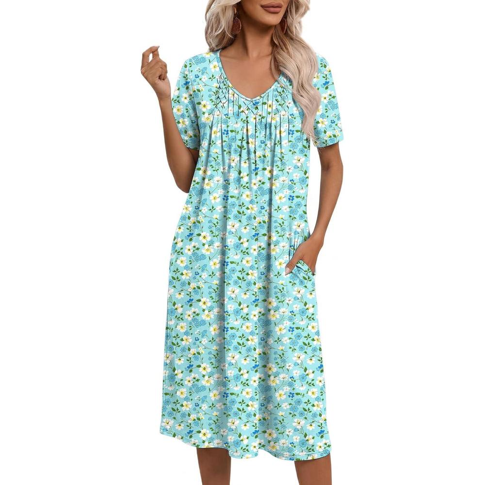 imageEkouaer Nightgowns for Women with Pockets House Dress Pleated Night Gowns Short Sleeve Lounge Dress Floral Mumu Dress S3XLFloral Green