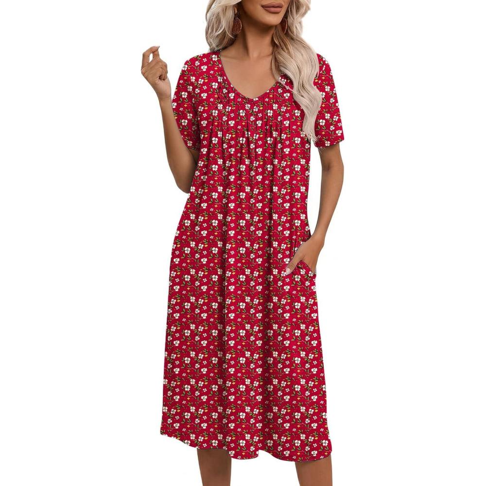 imageEkouaer Nightgowns for Women with Pockets House Dress Pleated Night Gowns Short Sleeve Lounge Dress Floral Mumu Dress S3XLFloral Red