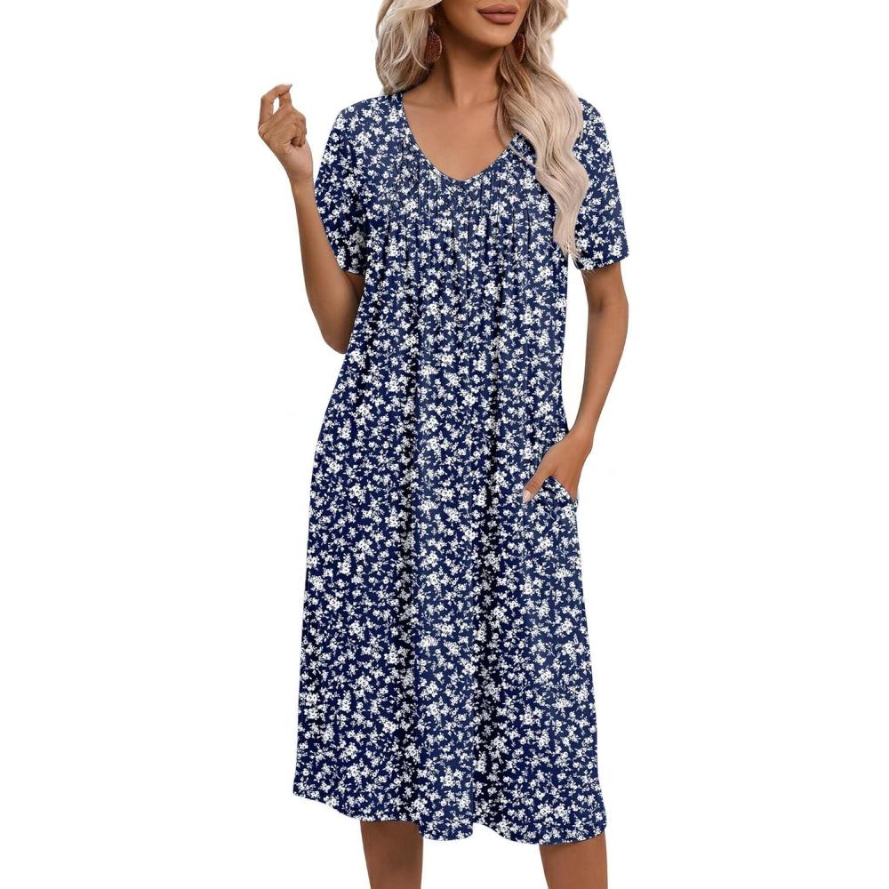 imageEkouaer Nightgowns for Women with Pockets House Dress Pleated Night Gowns Short Sleeve Lounge Dress Floral Mumu Dress S3XLFlower Branch Blue