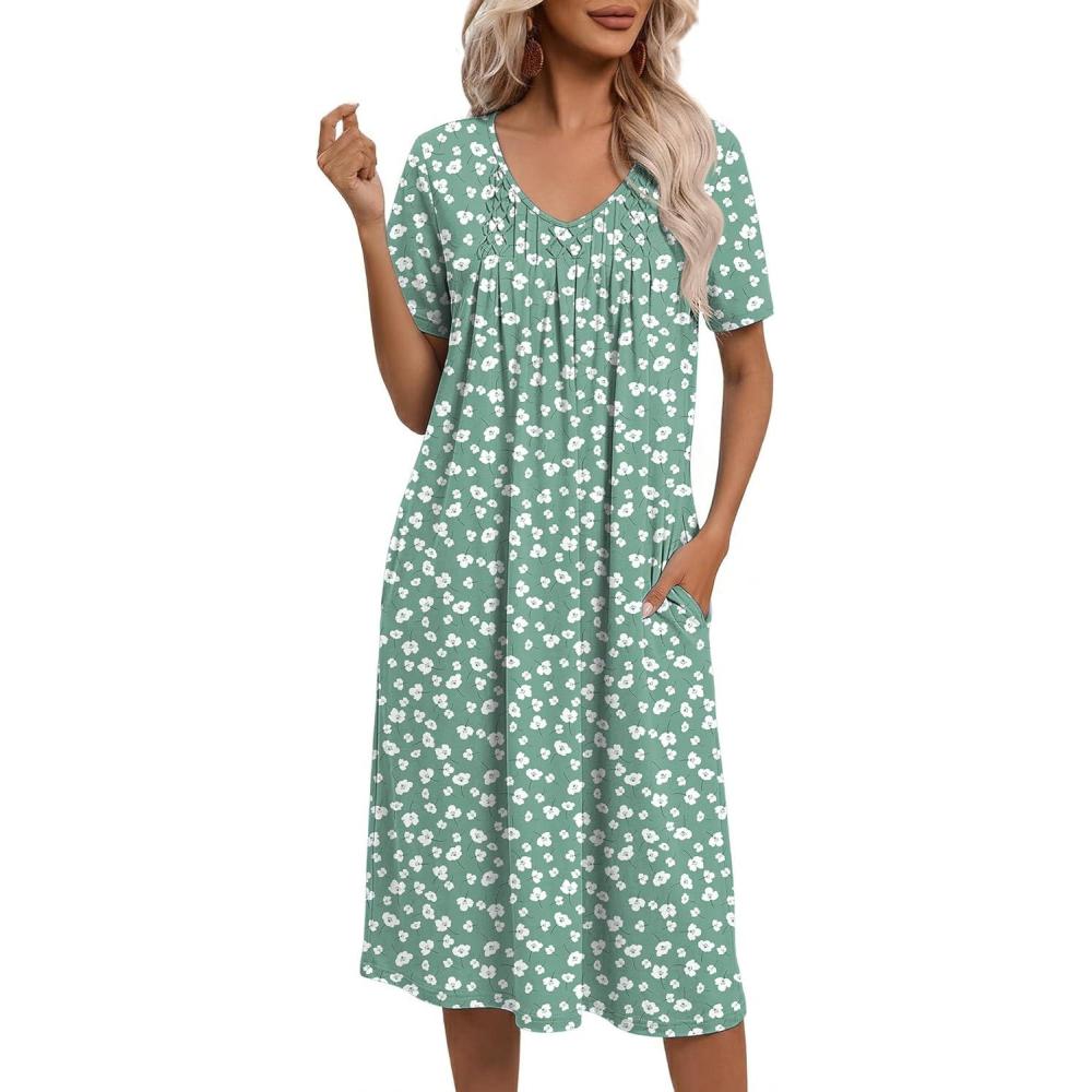 imageEkouaer Nightgowns for Women with Pockets House Dress Pleated Night Gowns Short Sleeve Lounge Dress Floral Mumu Dress S3XLFlower Green