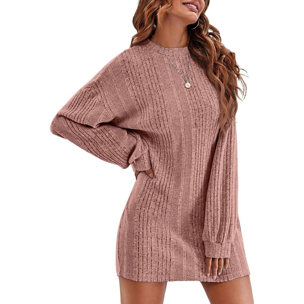 imageEkouaer Womens Nightgown Long Sleeve Ribbed Knit Nightshirt Round Neck Sleep Shirt Soft Sweater Dress SXXLMisty Rose