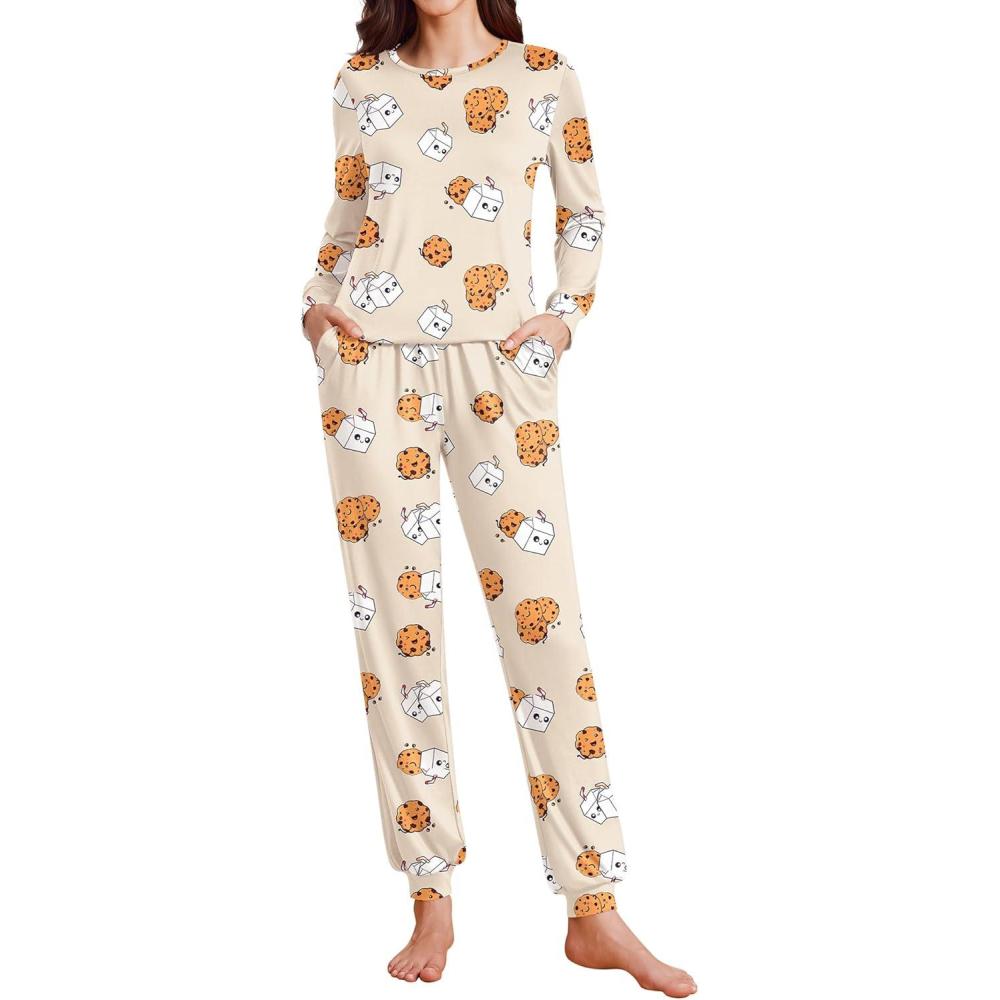 imageEkouaer Womens Pajama Sets Cute Long Sleeve Pjs with Jogger Pants Soft Sleepwear Valentines Pajamas for Women Gifts XSXXLApricotcookie Milk