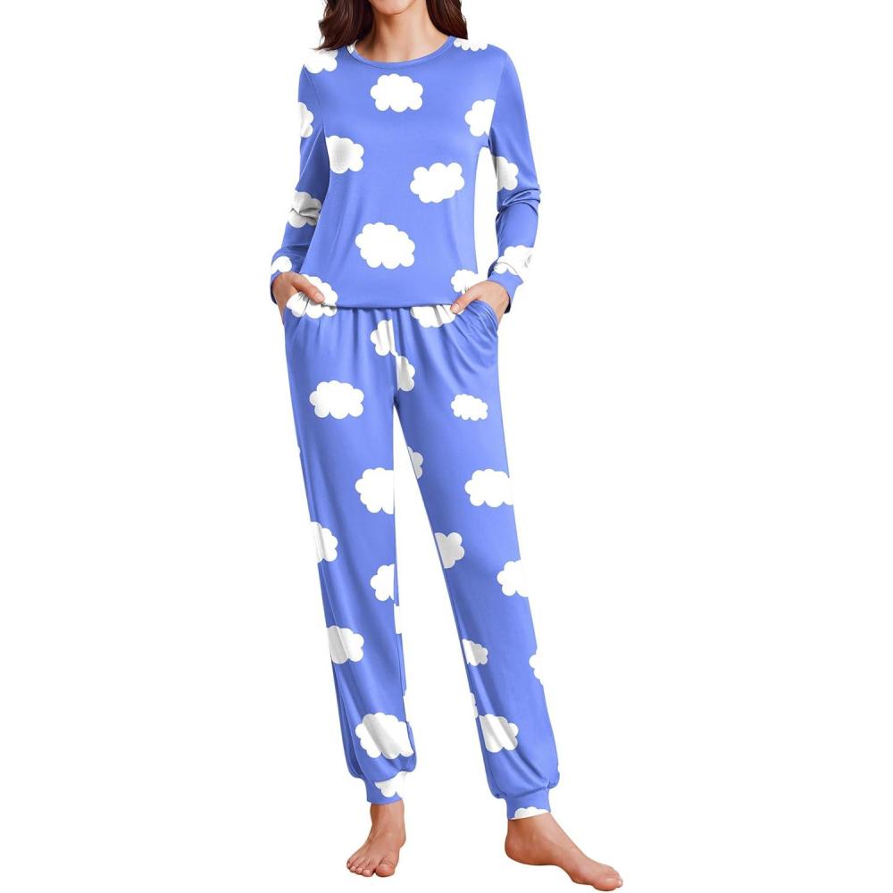 imageEkouaer Womens Pajama Sets Cute Long Sleeve Pjs with Jogger Pants Soft Sleepwear Valentines Pajamas for Women Gifts XSXXLBluewhite Clouds