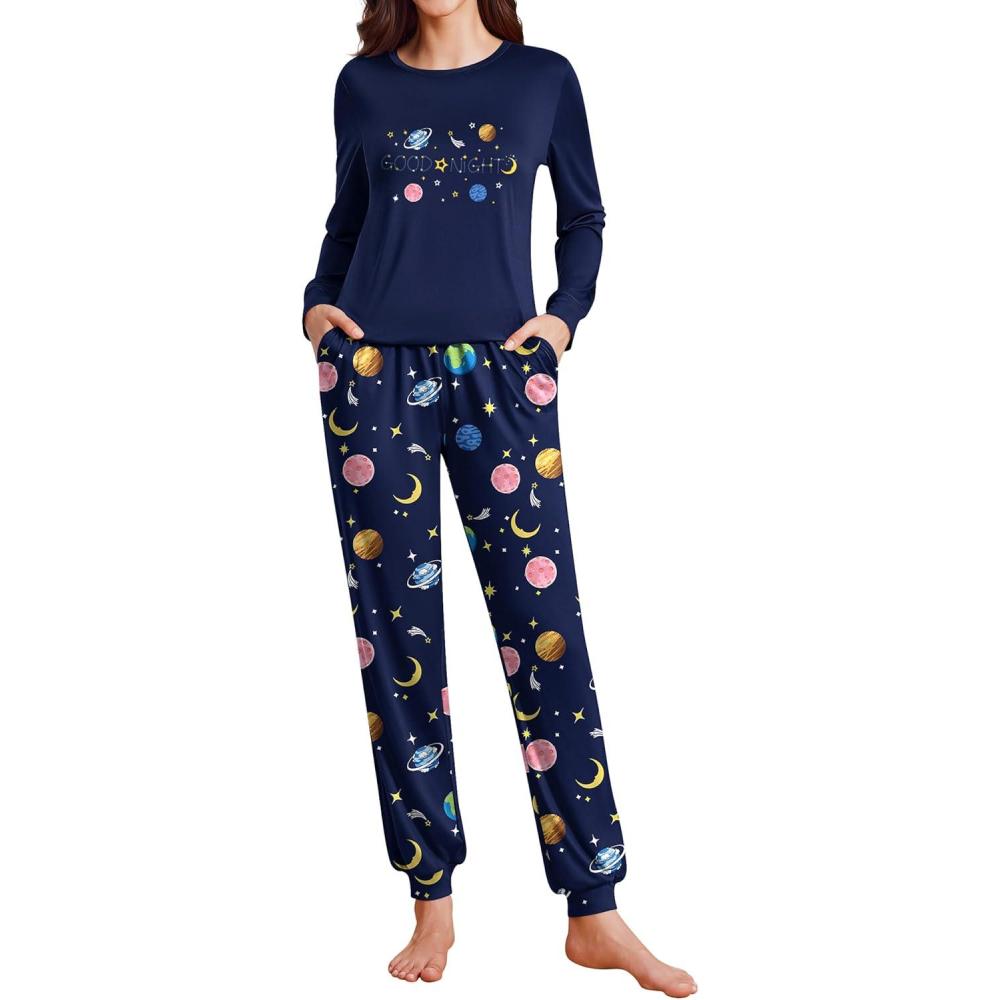 imageEkouaer Womens Pajama Sets Cute Long Sleeve Pjs with Jogger Pants Soft Sleepwear Valentines Pajamas for Women Gifts XSXXLDark Blueplanet