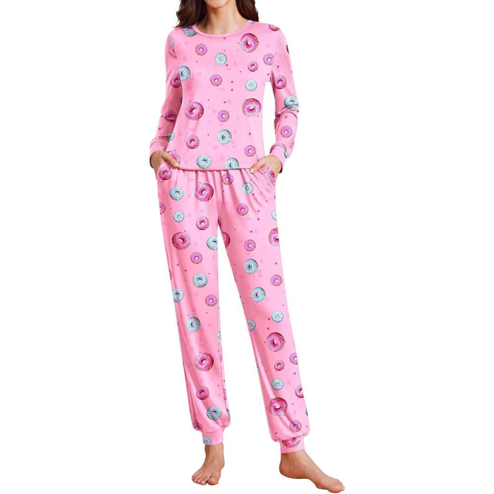 imageEkouaer Womens Pajama Sets Cute Long Sleeve Pjs with Jogger Pants Soft Sleepwear Valentines Pajamas for Women Gifts XSXXLPinkdoughnut