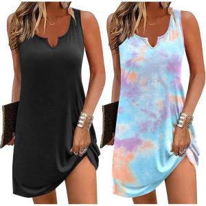 Ekouaer Nightgowns for Women 2 Pack Tank Night Gown Sleeveless Sleep Shirt V Neck Chemise Soft Night Shirt Ladies Sleep Dress(Black/Blue Tie Dye)