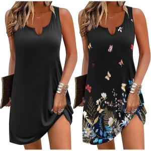 Ekouaer Nightgowns for Women 2 Pack Tank Night Gown Sleeveless Sleep Shirt V Neck Chemise Soft Night Shirt Ladies Sleep Dress(Black/Butterfly)