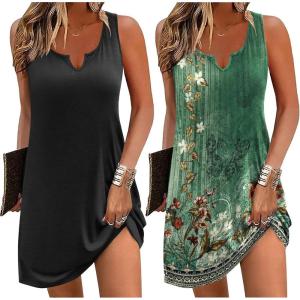 Ekouaer Nightgowns for Women 2 Pack Tank Night Gown Sleeveless Sleep Shirt V Neck Chemise Soft Night Shirt Ladies Sleep Dress(Black/Floral Green)