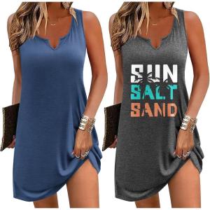 Ekouaer Nightgowns for Women 2 Pack Tank Night Gown Sleeveless Sleep Shirt V Neck Chemise Soft Night Shirt Ladies Sleep Dress(Navy/Gray Letter)