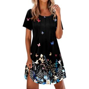 Ekouaer Nightgowns for Women Pleated Nightshirts Short Sleeve Sleepshirts Crew Neck Sleepwear Soft Night Gown Sleepdress(Black Colorful Butterfly)