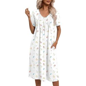 Ekouaer Nightgowns for Women with Pockets House Dress Pleated Night Gowns Short Sleeve Lounge Dress Floral Mumu Dress S-3XL(Daisy White)