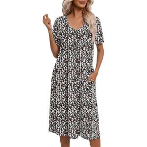Ekouaer Nightgowns for Women with Pockets House Dress Pleated Night Gowns Short Sleeve Lounge Dress Floral Mumu Dress S-3XL(Dense Floral Black)