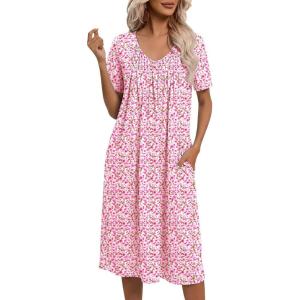 Ekouaer Nightgowns for Women with Pockets House Dress Pleated Night Gowns Short Sleeve Lounge Dress Floral Mumu Dress S-3XL(Dense Floral Pink)
