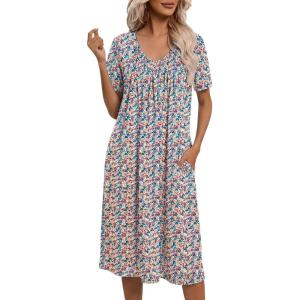 Ekouaer Nightgowns for Women with Pockets House Dress Pleated Night Gowns Short Sleeve Lounge Dress Floral Mumu Dress S-3XL(Dense Floral Red)