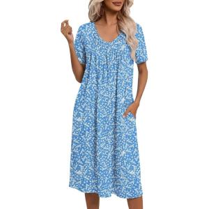 Ekouaer Nightgowns for Women with Pockets House Dress Pleated Night Gowns Short Sleeve Lounge Dress Floral Mumu Dress S-3XL(Floral Blue)