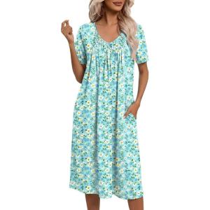 Ekouaer Nightgowns for Women with Pockets House Dress Pleated Night Gowns Short Sleeve Lounge Dress Floral Mumu Dress S-3XL(Floral Green)